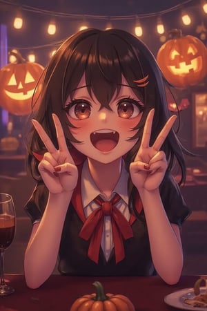 A cute girl is smiling at me, making a peace sign with both hands. It's a Halloween party. The girl is dressed as a vampire. She's slightly blushing, perhaps because she's embarrassed, but her smile is radiant and beautiful. The party continues in a fun atmosphere all night long.1girl_Anime,beautiful_female_fingers, Midjourneyart