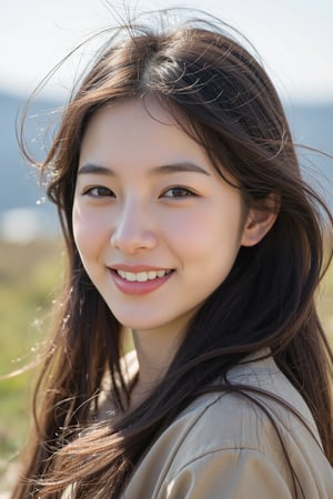 score_9,score_8_up,score_7_up, 20 year old beautiful Korean woman, flawless skin, youthful looking skin, eyes full of wisdom, eyes looking straight ahead, smiling brightly, long hair fluttering in the wind