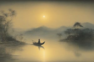 Oriental painting, calm waves on a lakeside, night, full moon on the left side of the sky, moonlight reflected on the lakeside, small boat floating on the lakeside, back view of a person sitting on the boat