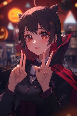 A cute girl is smiling at me, making a peace sign with both hands. It's a Halloween party. The girl is dressed as a vampire. She's a little blushing, perhaps because she's embarrassed, but her smile is radiant and beautiful. The party continues in a fun atmosphere all night long.,Anime style,1girl_Anime,beautiful_female_fingers