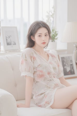 A serene woman sits elegantly on a plush white sofa, her dark hair flowing like silk over her shoulders. She wears a flowery shirt with a crisp white collar and delicate necklace. Her left hand rests on her hip, grounding her posture. The sofa's ruffles add tactile interest to the composition. Against the stark white backdrop, vertical blinds conceal the window, while a lamp shade and black-and-white photograph create visual intrigue beside her.