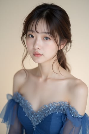 A serene Korean woman stands confidently against a soft focus, creamy background, her piercing blue eyes, reminiscent of sapphire gemstones, shining with an inner radiance. The gentle, diffused lighting highlights her porcelain complexion, emphasizing subtle features. Her gaze, direct and unwavering, conveys excellence as she meets the camera's lens, exuding poise and confidence in a stunning blue dress, with intricate details on her face.