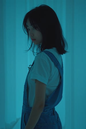 a girl wearing overalls poses for the camera, in the style of shige's visual aesthetic style, wavy, dark azure, minimalist beauty, slumped/draped, gongbi, frayed --ar 71:89 --stylize 750 --v 6,