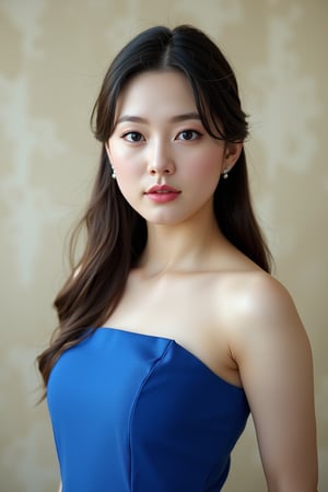 A serene Korean woman stands confidently against a soft focus, creamy background, her piercing blue eyes, reminiscent of sapphire gemstones, shining with an inner radiance. The gentle, diffused lighting highlights her porcelain complexion, emphasizing subtle features. Her gaze, direct and unwavering, conveys excellence as she meets the camera's lens, exuding poise and confidence in a stunning blue dress, with intricate details on her face.