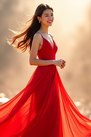 a beautiful Korean girl in a long red dress, long hair, a slender body, an elegant smile, a bright atmosphere, breeze wind, photo-realistic