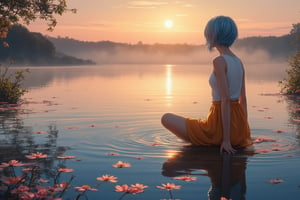 Capture the serene tranquility of dawn's arrival at a lakeside oasis where a woman with striking blue hair sits contemplatively by the water's edge, gazing into her reflection amidst delicate flower arrangements floating gently on the lake's surface. Soft golden light casts a warm glow across the landscape, accentuating the Akira-inspired intricate features and sharp lines of her peaceful expression. The stillness of the early morning is elevated by the misty veil rising from the lake, while the vibrant sunrise hues in the background harmonize with the serene atmosphere.,anime