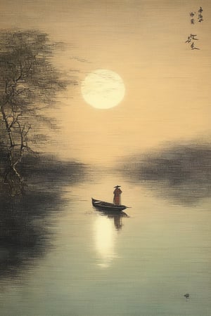 Oriental painting, calm waves on a lakeside, night, full moon on the left side of the sky, moonlight reflected on the lakeside, small boat floating on the lakeside, back view of a person sitting on the boat