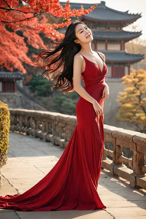 A serene afternoon setting: a stunning Korean woman stands effortlessly in a breathtaking long red dress, her raven locks cascading down her back. The warm sunlight illuminates her slender figure, accentuating her elegance as she wears an enigmatic smile. The atmosphere is alive with a gentle breeze and whispering wind, captured in a photorealistic image that exudes refinement.