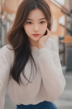 A Korean woman with a soft smile, sapphire blue eyes that draw people in, a white blouse and miniskirt, a cute and lovely face, a gentle breeze blowing behind the background and soft sunlight