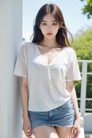 A Korean woman with a soft smile, sapphire blue eyes that draw people in, a white blouse and miniskirt, a cute and lovely face, a gentle breeze blowing behind the background and soft sunlight