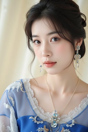 A serene Korean woman stands confidently against a soft focus, creamy background, her piercing blue eyes, reminiscent of sapphire gemstones, shining with an inner radiance. The gentle, diffused lighting highlights her porcelain complexion, emphasizing subtle features. Her gaze, direct and unwavering, conveys excellence as she meets the camera's lens, exuding poise and confidence in a stunning blue dress, with intricate details on her face.