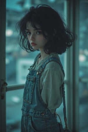 a girl wearing overalls poses for the camera, in the style of shige's visual aesthetic style, wavy, dark azure, minimalist beauty, slumped/draped, gongbi, frayed --ar 71:89 --stylize 750 --v 6,Muted Retro Colors Anime,Midjourney_Whisper