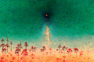 score_9, score_8_up, score_7_up, Expressiveh, (masterpiece: 1.2), illustration, Stars are scattered across the emerald sky. A small meteorite, spewing fiery smoke, descends from the upper right to the lower left. Here and there, only dry branches remain on small trees.