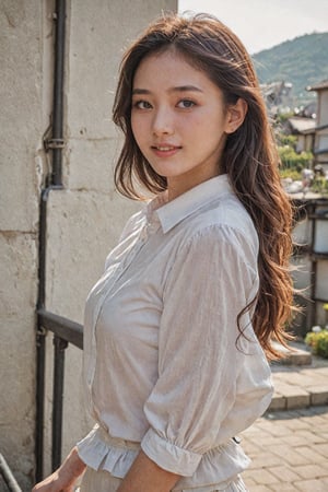 A Korean woman with a soft smile, sapphire blue eyes that draw people in, a white blouse and miniskirt, a cute and lovely face, a gentle breeze blowing behind the background and soft sunlight