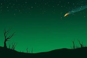 score_9, score_8_up, score_7_up, Expressiveh, (masterpiece: 1.2), illustration, Stars are scattered across the emerald sky. A small meteorite, spewing fiery smoke, descends from the upper right to the lower left. Here and there, only dry branches remain on small trees.