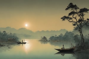 Oriental painting, calm waves on a lakeside, night, full moon on the left side of the sky, moonlight reflected on the lakeside, small boat floating on the lakeside, back view of a person sitting on the boat