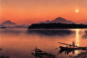 Oriental painting, calm waves on a lakeside, night, full moon on the left side of the sky, moonlight reflected on the lakeside, small boat floating on the lakeside, back view of a person sitting on the boat