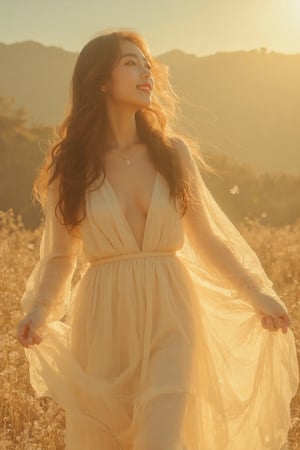 Prompt: A stunning 20-year-old Korean woman stands fully within the frame, radiant with elegance. Backlit by warm sunlight, her modern white dress billows softly around her, hair and fabric fluttering harmoniously. Her smile, a masterpiece of subtlety, illuminates her entire face. The camera captures every detail: luscious long locks, toned physique, and delicate features. An 8K resolution showcases the breathtaking bokeh, cinematic lighting, and raw beauty. Her figure fills the frame, inviting the viewer's gaze to linge, Midjourneyart