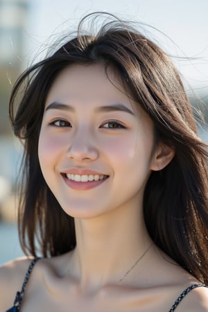 Beautiful 20-year-old Korean woman, bright smiling eyes, face looking straight ahead, long hair blowing in the wind