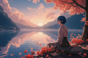 Capture the serene tranquility of dawn's arrival at a lakeside oasis where a woman with striking blue hair sits contemplatively by the water's edge, gazing into her reflection amidst delicate flower arrangements floating gently on the lake's surface. Soft golden light casts a warm glow across the landscape, accentuating the Akira-inspired intricate features and sharp lines of her peaceful expression. The stillness of the early morning is elevated by the misty veil rising from the lake, while the vibrant sunrise hues in the background harmonize with the serene atmosphere.,anime