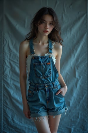 a girl wearing overalls poses for the camera, in the style of shige's visual aesthetic style, wavy, dark azure, minimalist beauty, slumped/draped, gongbi, frayed --ar 71:89 --stylize 750 --v 6,LyraEcho,lyraecho,cyberwoman,Midjourney_Whisper