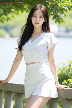 A Korean woman with a soft smile, sapphire blue eyes that draw people in, a white blouse and miniskirt, a cute and lovely face, a gentle breeze blowing behind the background and soft sunlight