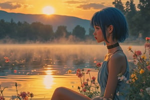 Capture the serene tranquility of dawn's arrival at a lakeside oasis where a woman with striking blue hair sits contemplatively by the water's edge, gazing into her reflection amidst delicate flower arrangements floating gently on the lake's surface. Soft golden light casts a warm glow across the landscape, accentuating the Akira-inspired intricate features and sharp lines of her peaceful expression. The stillness of the early morning is elevated by the misty veil rising from the lake, while the vibrant sunrise hues in the background harmonize with the serene atmosphere.,anime