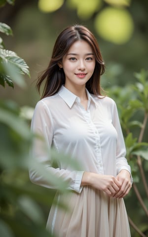 A serene Korean woman stands effortlessly amidst lush greenery, her sapphire blue eyes sparkling warmly as she wears a crisp white blouse and a flowing miniskirt. Framed by a subtle blur of leaves and stems, she gazes softly into the distance, ambient lighting casting a flattering glow on her features. Side lighting highlights the gentle breeze rustling behind her, subtly accentuating her attire's intricate details and textures. Her soft smile invites the viewer in, framing her lovely face with elegance against a muted background where vibrant colors dance across her features to create a masterpiece of beauty and aesthetic appeal.