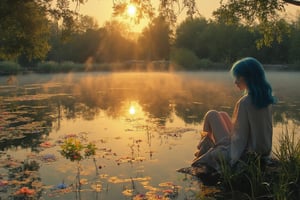 Capture the serene tranquility of dawn's arrival at a lakeside oasis where a woman with striking blue hair sits contemplatively by the water's edge, gazing into her reflection amidst delicate flower arrangements floating gently on the lake's surface. Soft golden light casts a warm glow across the landscape, accentuating the Akira-inspired intricate features and sharp lines of her peaceful expression. The stillness of the early morning is elevated by the misty veil rising from the lake, while the vibrant sunrise hues in the background harmonize with the serene atmosphere.,anime