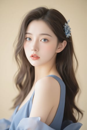 A serene Korean woman stands confidently against a soft focus, creamy background, her piercing blue eyes, reminiscent of sapphire gemstones, shining with an inner radiance. The gentle, diffused lighting highlights her porcelain complexion, emphasizing subtle features. Her gaze, direct and unwavering, conveys excellence as she meets the camera's lens, exuding poise and confidence in a stunning blue dress, with intricate details on her face.