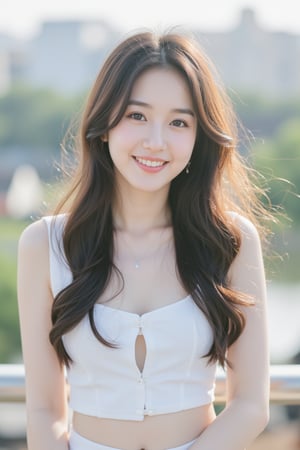 A Korean woman with a soft smile, sapphire blue eyes that draw people in, a white blouse and miniskirt, a cute and lovely face, a gentle breeze blowing behind the background and soft sunlight