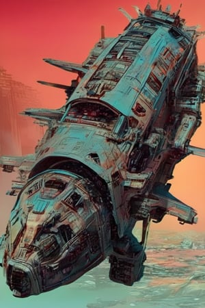 (generate sci-fi novella book cover:1.4), in the style of star trek ; there is a spaceship, it is an imposing exploration spaceship and it appears battered and worn, as if it had weathered a brutal attack ; Debris trails linger in the surrounding space, a grim reminder of the ship's struggles ; pastel ; vintage colors ;,Alien