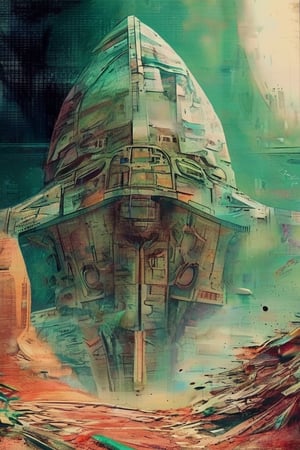 (generate sci-fi novella book cover:1.4), in the style of star trek ; there is a spaceship, it is an imposing exploration spaceship and it appears battered and worn, as if it had weathered a brutal attack ; Debris trails linger in the surrounding space, a grim reminder of the ship's struggles ; pastel ; vintage colors ;,Alien