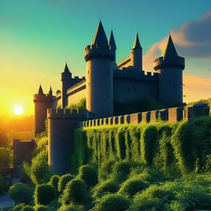 A grand ancient castle, covered in lush green ivy, stands majestically under the setting sun. The golden hour light bathes the scene in a warm, soft glow, highlighting the intricate stonework and ivy-draped walls. The composition captures the castle's grandeur with a wide-angle view, emphasizing its towering presence and the natural beauty surrounding it.