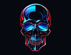 On a black background, skull made of blue and red reflective glass, bioluminescence, (Logo art design).