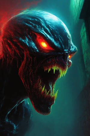 Venom's grotesque face fills the frame, eerie green glow casting an ominous light on his features. Red-hot eyes blaze like embers, fueled by the alien symbiote's power. The dark alleyway backdrop blurs into chaos behind him, while his snarling mouth seems poised to strike at any moment.