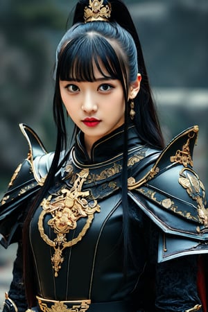 Half body shot. A professional photography of breathtakingly glamorous japanese idol wearing a princess-knight teutonic order outfit, with an exaggerated noir gothic design, gigantic pauldron, and golden sacred inscription. The dramatic lighting accentuates the charm of the girl in a mysterious atmosphere. A youthful face, featured with porcelain skin tone and lustry skin texture, emanating a mesmerizing beauty. black long hair with a high ponytail and bangs. extremely sharp, perfect detail, ultrarealistic, hyperrealistic, feminine, ulzzang, ek_game_3ffect