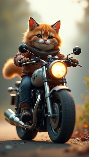 (An anthropomorphic Norwegian Forest Cat happily riding a large motorcycle), (f1.4, Canon EOS, SIGMA Art Lens 35mm F1.8, ISO 200 Shutter Speed 2000), Unity, Unreal Engine, High Technology, Octane Rendering, Ultra High Quality, Ultra High Resolution, Ultra High Quality, Ultra Realistic, Color Correct, Good Lighting Settings, Good Composition, Very Low Noise, Sharp Contours, Harmonious Great composition, precise and detailed drawing