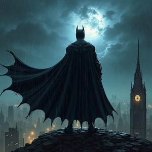 "Batman stands on a decaying gothic rooftop, surrounded by swirling, hand-sketched storm clouds. The scene is tilted at a dramatic 50-degree angle, adding intensity to his heroic stance. His cape flows dramatically in the wind, sharply contrasting with the dark, rain-soaked cityscape behind him. Lightning flashes, illuminating the intricate textures of the gritty environment. The overall design blends portrait photography with a dark fantasy vibe, emphasizing a detailed and vibrant graphic style that captures the haunting atmosphere of the scene." By Sasan