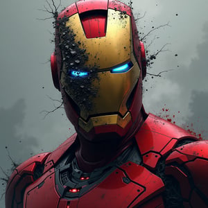 "A mesmerizing and captivating illustration of an abstract Iron Man face, with the focus on the intricately detailed suit. The face appears fragmented, with shards of metal or circuitry overlapping it, creating a sense of chaos. The striking suit contrasts with the dark and monotone background, consisting of grays, whites, and splashes of red and gold. This cinematic piece exudes a dark fantasy vibe, drawing viewers in with its chaotic beauty. The suit has a vibrant color scheme, with glowing energy lines that shimmer in the dimly lit scene. The overall atmosphere is both dark and magical, evoking a sense of wonder and intrigue., dark fantasy, vibrant, illustration, cinematic." By Sasan