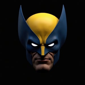 A detailed render focusing solely on Wolverine’s iconic mask. The mask should be depicted in its classic design: bright yellow with bold blue accents and the distinctive pointed ears. The eyes should be glowing white, adding a fierce and intense look. The mask should have a realistic texture, showing some wear and tear to reflect its history. The background should be dark and minimalistic, like a deep black or dark gray, to ensure the mask stands out clearly. Lighting should highlight the mask’s contours and colors, creating sharp contrasts and emphasizing its iconic features.