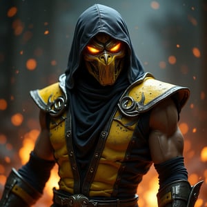 A **super detailed**, hyper-realistic surrealistic portrayal of **Scorpion**, the iconic character from Mortal Kombat, clad in his signature yellow and black armor. His appearance is both menacing and powerful, shrouded in darkness with light reflecting off his rugged, battle-worn armor. Scorpion’s mask, intricately designed with metallic patterns, hides his face, but his glowing eyes—one brighter than the other—radiate an eerie energy, embodying his supernatural power.  The textures of his armor are meticulously crafted, with every buckle, strap, and seam adding to the realism of his combat-ready appearance. Flickers of embers and ashes float around him, as though he has just emerged from the fiery Netherrealm. The background is a blur of dark shadows and flames, enhancing the intense, dangerous aura he exudes. Scorpion’s stance is firm and ready, with his signature anticipation of a lethal strike, capturing the iconic tension between stillness and impending action. 