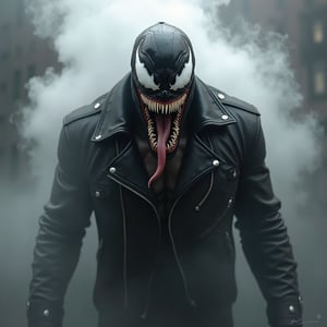 A **super detailed**, hyper-realistic surrealistic portrayal of **Venom**, the iconic anti-hero from the Marvel Universe, emerging from a thick cloud of smoke. His menacing figure is clad in a black leather jacket, adding a rebellious, street-style edge to his monstrous appearance. Venom’s signature sharp, jagged teeth gleam menacingly from his wide, toothy grin, while his white, featureless eyes glare with an otherworldly intensity. **Created by Sasan.** The highly reflective surface of his black symbiote skin contrasts sharply with the matte texture of his jacket, while smoke swirls ominously around him, heightening the sense of danger and chaos he brings. The monochromatic color palette, dominated by shades of black, white, and grey, enhances the menacing and eerie atmosphere, as if Venom is about to pounce from the shadows. His muscular build and aggressive stance exude raw power, making the viewer feel his unstoppable presence.