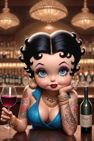 Betty Boop, 1girl, solo, breasts, looking at viewer, short hair, blue eyes, black hair, dress, jewelry, earrings, food, necklace, blurry, bracelet, cup, tattoo, makeup, fruit, ring, bottle, lipstick, alcohol, drinking glass, head rest, cigarette, arm tattoo, wine glass, wine, wine bottle, pov across table