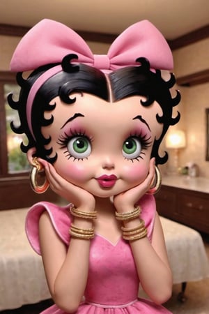 Betty Boop, 1girl, solo, black hair, dress, bow, jewelry, green eyes, hair bow, hairband, earrings, indoors, bracelet, eyelashes, makeup, lipstick, pink bow, pink dress, hoop earrings, hands on own face, hands on own cheeks, pink hairband