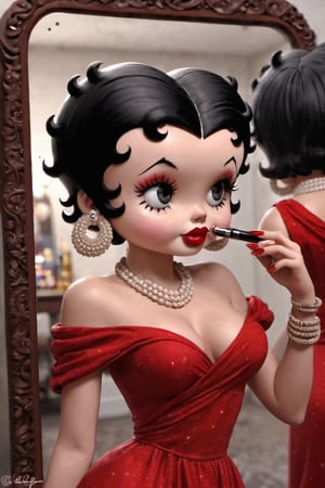 Betty Boop, 1girl, solo, breasts, short hair, black hair, dress, holding, cleavage, jewelry, medium breasts, earrings, necklace, nail polish, bracelet, makeup, watermark, red dress, lipstick, red nails, mirror, off-shoulder dress, red lips, pearl necklace, cosmetics, lipstick tube, applying makeup