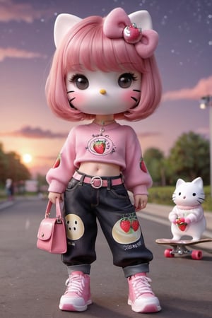 kitty, 1girl, solo, looking at viewer, blush, short hair, bangs, shirt, long sleeves, bow, navel, holding, animal ears, jewelry, standing, full body, pink hair, hair bow, outdoors, sky, shoes, midriff, puffy sleeves, belt, pants, artist name, cloud, cat ears, signature, necklace, bag, blurry, black eyes, sweater, crop top, blurry background, facial mark, moon, cat, bob cut, pink bow, crescent, sneakers, child, star (sky), furry, pink shirt, sunset, handbag, shoulder bag, sign, strawberry, furry female, pink footwear, female child, holding bag, crescent moon, pink sweater, food print, humanization, strawberry print, purple sky, skateboard, pink sky