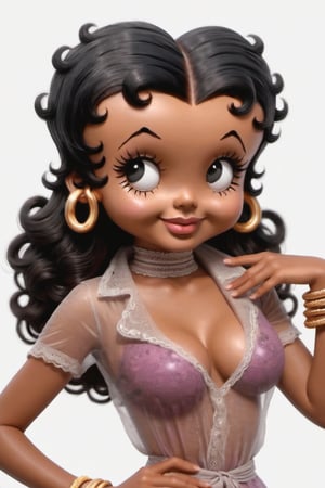 Betty Boop, 1girl, solo, long hair, breasts, smile, black hair, cleavage, jewelry, medium breasts, earrings, choker, dark skin, black eyes, bracelet, dark-skinned female, lips, see-through, hand on hip, eyelashes, makeup, curly hair, hoop earrings