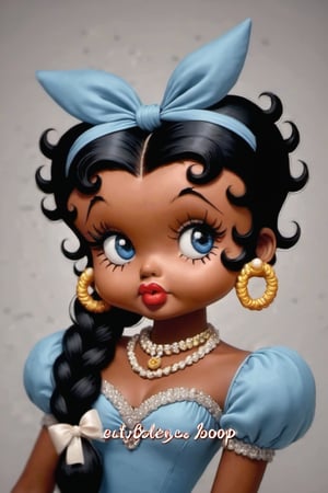 Betty Boop, 1girl, solo, long hair, looking at viewer, blue eyes, black hair, dress, ribbon, jewelry, hair ribbon, upper body, braid, earrings, artist name, dark skin, necklace, dark-skinned female, lips, eyelashes, makeup, watermark, lipstick, retro artstyle