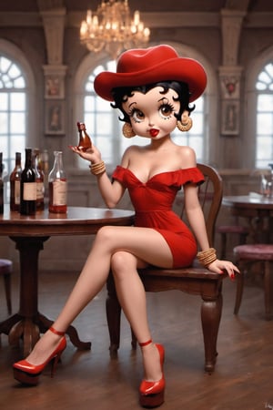 Betty Boop, 1girl, solo, breasts, looking at viewer, short hair, black hair, hat, dress, cleavage, bare shoulders, brown eyes, jewelry, sitting, earrings, small breasts, indoors, off shoulder, nail polish, high heels, bracelet, eyelashes, makeup, red dress, table, crossed legs, bottle, lipstick, red footwear, red headwear, red nails, red lips, sitting on table